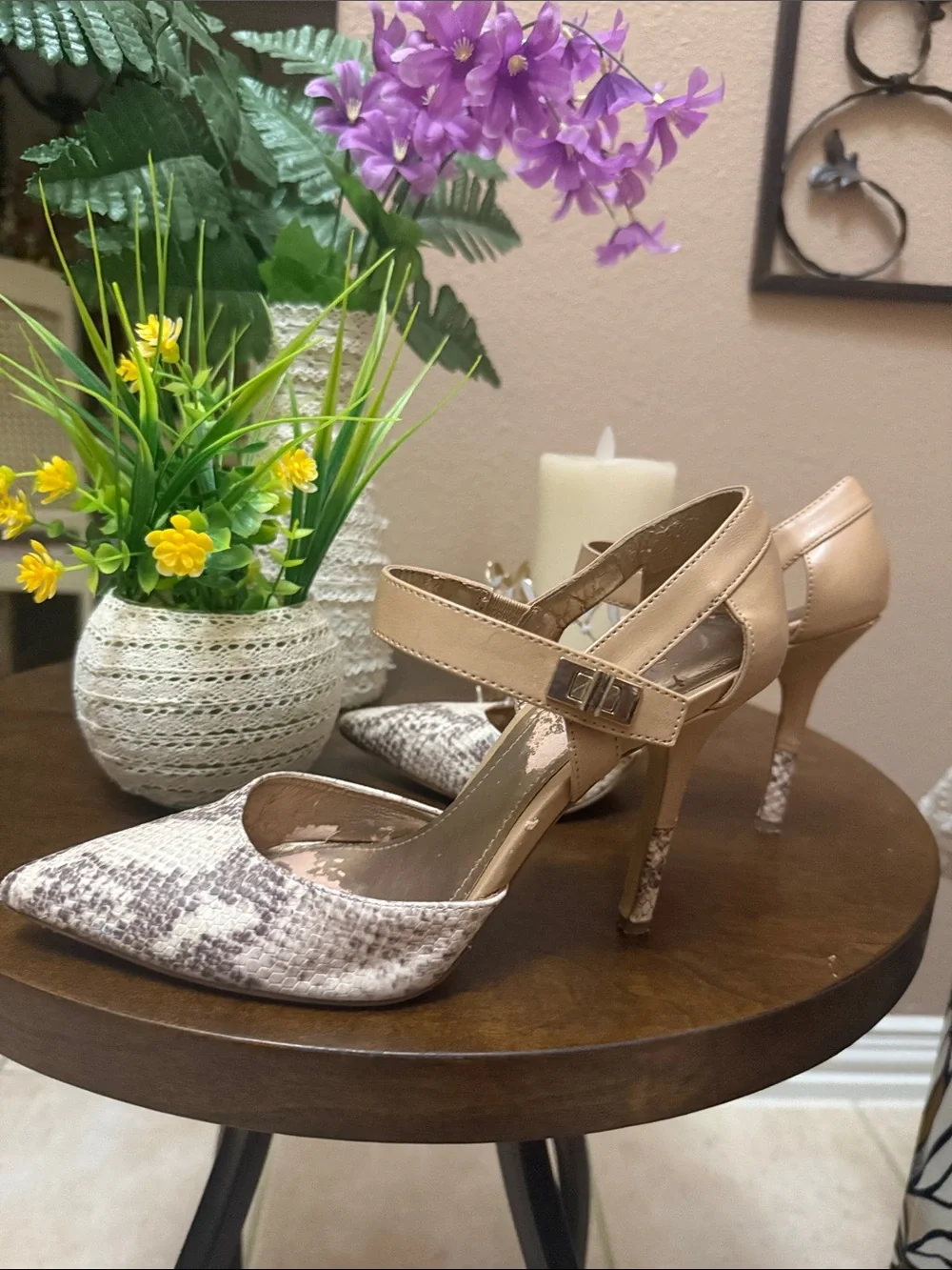 BCBG Pointed-Toe Snakeskin-Print Mary Jane Heels in Tan